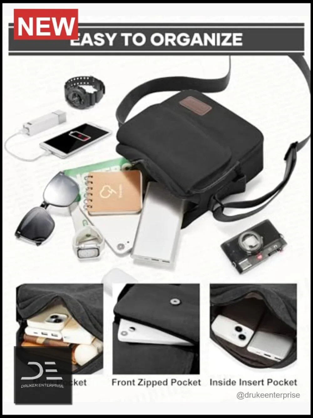 Canvas Messenger Crossbody Bag for Men with Multiple Pockets